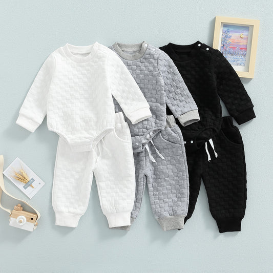 Infant Baby Unisex Casual Suit, Solid Color Long Sleeve Romper Tops+Drawstring Long Pants 2Pcs Set