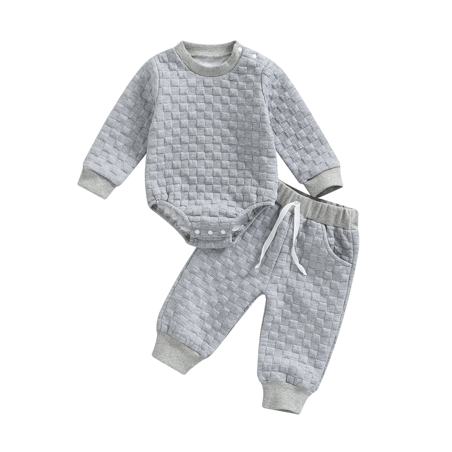 Infant Baby Unisex Casual Suit, Solid Color Long Sleeve Romper Tops+Drawstring Long Pants 2Pcs Set