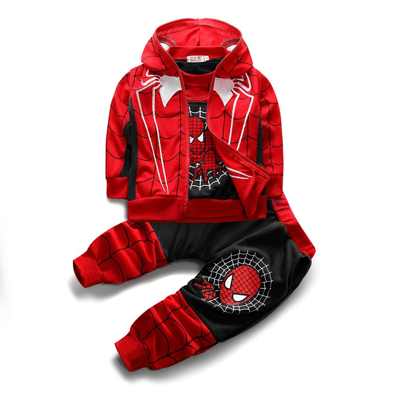 Printed Spider Man Embroidery Hooded Coat and pants 3pcs Kids Set Outfits