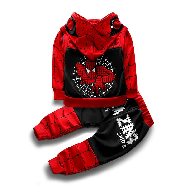 Printed Spider Man Embroidery Hooded Coat and pants 3pcs Kids Set Outfits