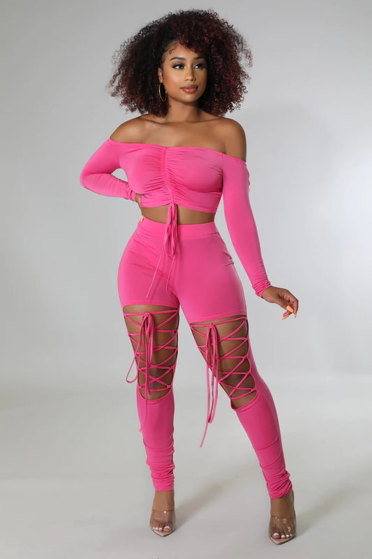 Off the Shoulder 2 Piece Set Women Sexy Long Sleeve Laced Up Crop Top Cut Out Lace Up Pants