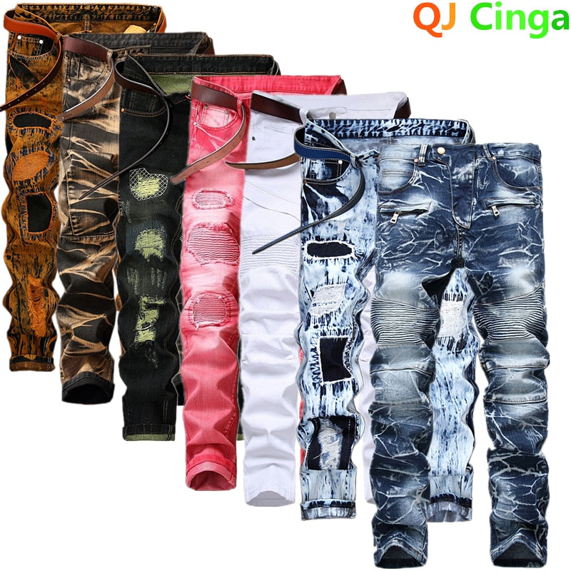 Denim Men Blue White Red Green Yellow Casual Jeans