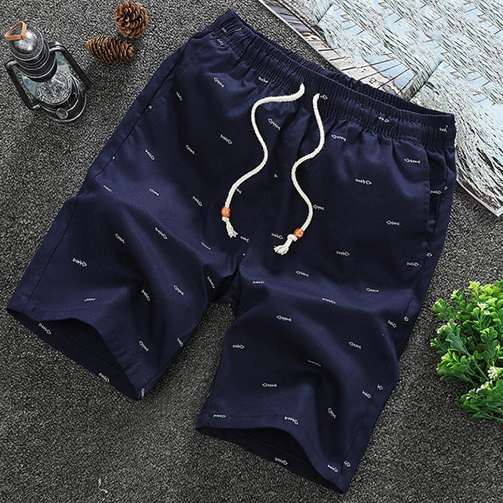 Rise Fish Bone Print Men Shorts Loose Drawstring Pockets Short Pants Bottoms