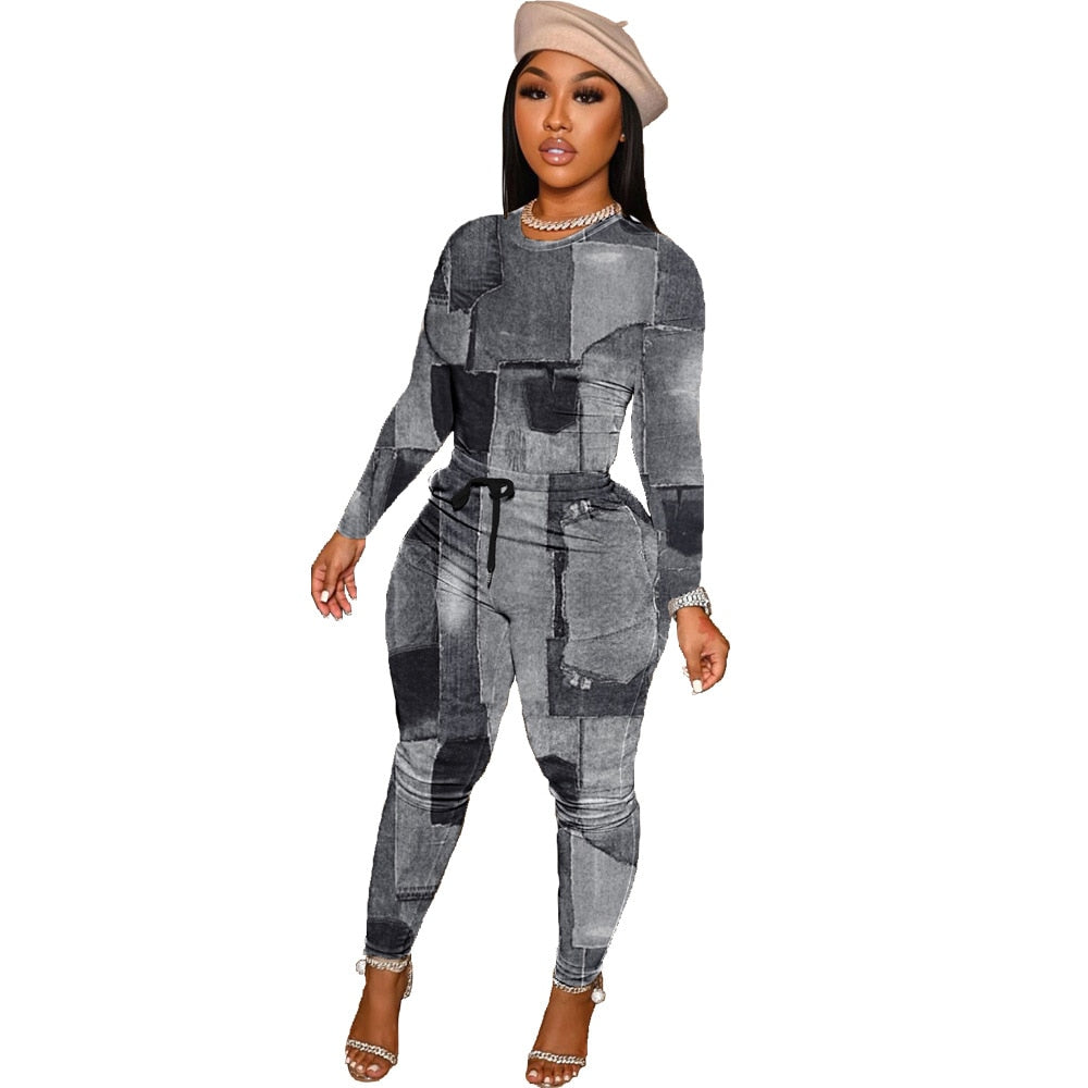 Autumn Faux Denim Two Piece Set Outfits