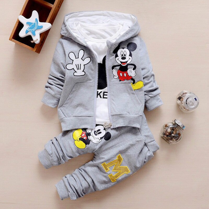 Cute Mickey Cotton Hooded Coat + T-shirt + Pants 3PCS Set Casual Kids