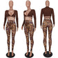Bandage Two Piece Set Sexy V Neck Lace Up Crop Top + Print Sheer Mesh Pant Suits Club Party Tracksuit Women Festival Outfits y2k