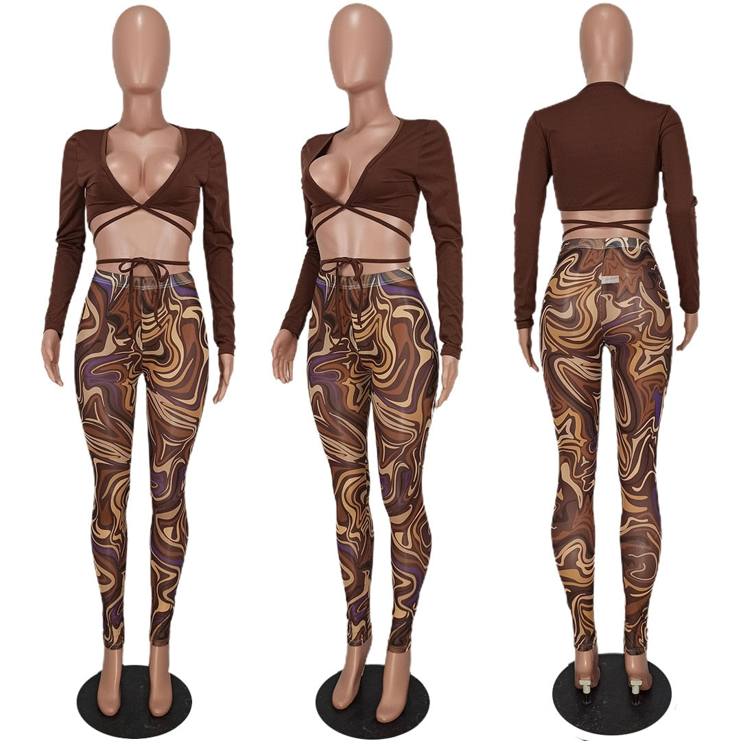 Bandage Two Piece Set Sexy V Neck Lace Up Crop Top + Print Sheer Mesh Pant Suits Club Party Tracksuit Women Festival Outfits y2k