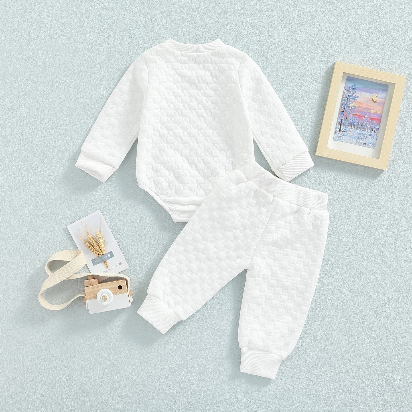 Infant Baby Unisex Casual Suit, Solid Color Long Sleeve Romper Tops+Drawstring Long Pants 2Pcs Set