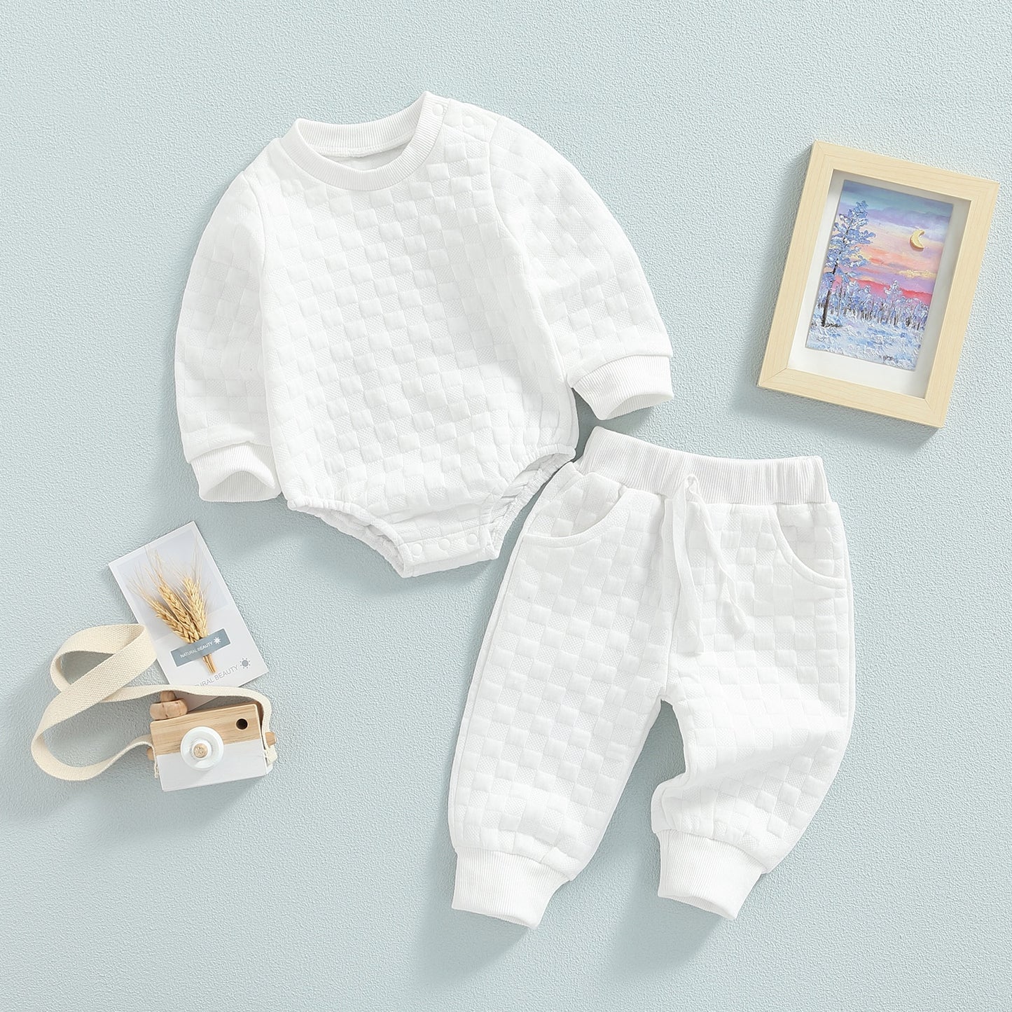 Infant Baby Unisex Casual Suit, Solid Color Long Sleeve Romper Tops+Drawstring Long Pants 2Pcs Set