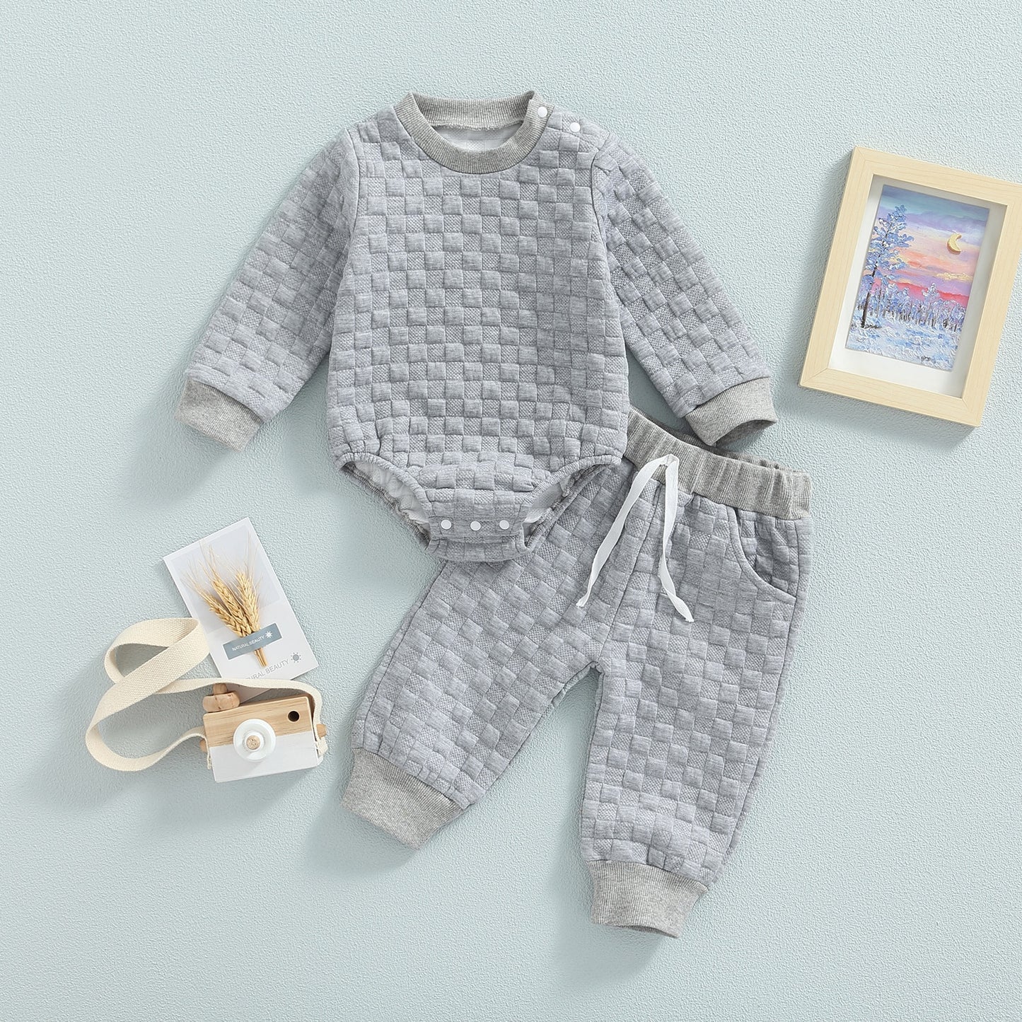 Infant Baby Unisex Casual Suit, Solid Color Long Sleeve Romper Tops+Drawstring Long Pants 2Pcs Set