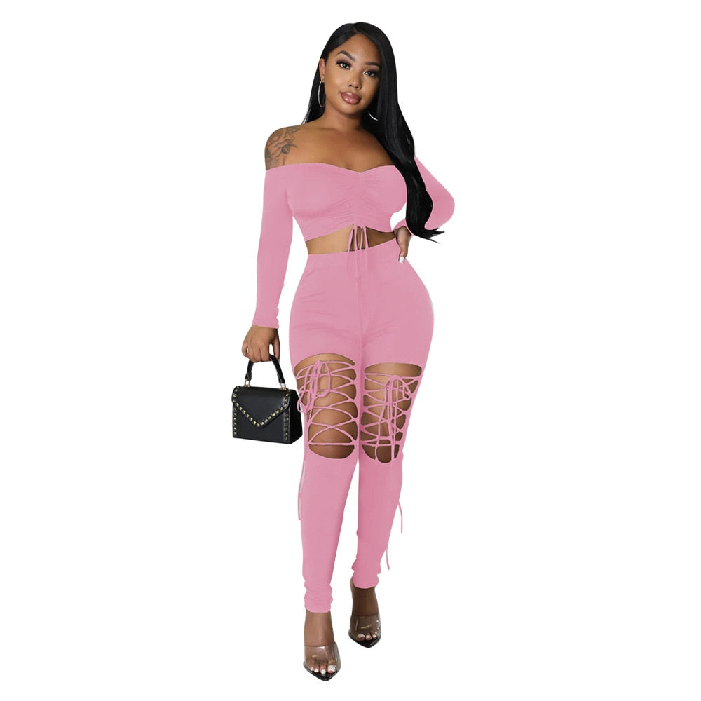 Off the Shoulder 2 Piece Set Women Sexy Long Sleeve Laced Up Crop Top Cut Out Lace Up Pants