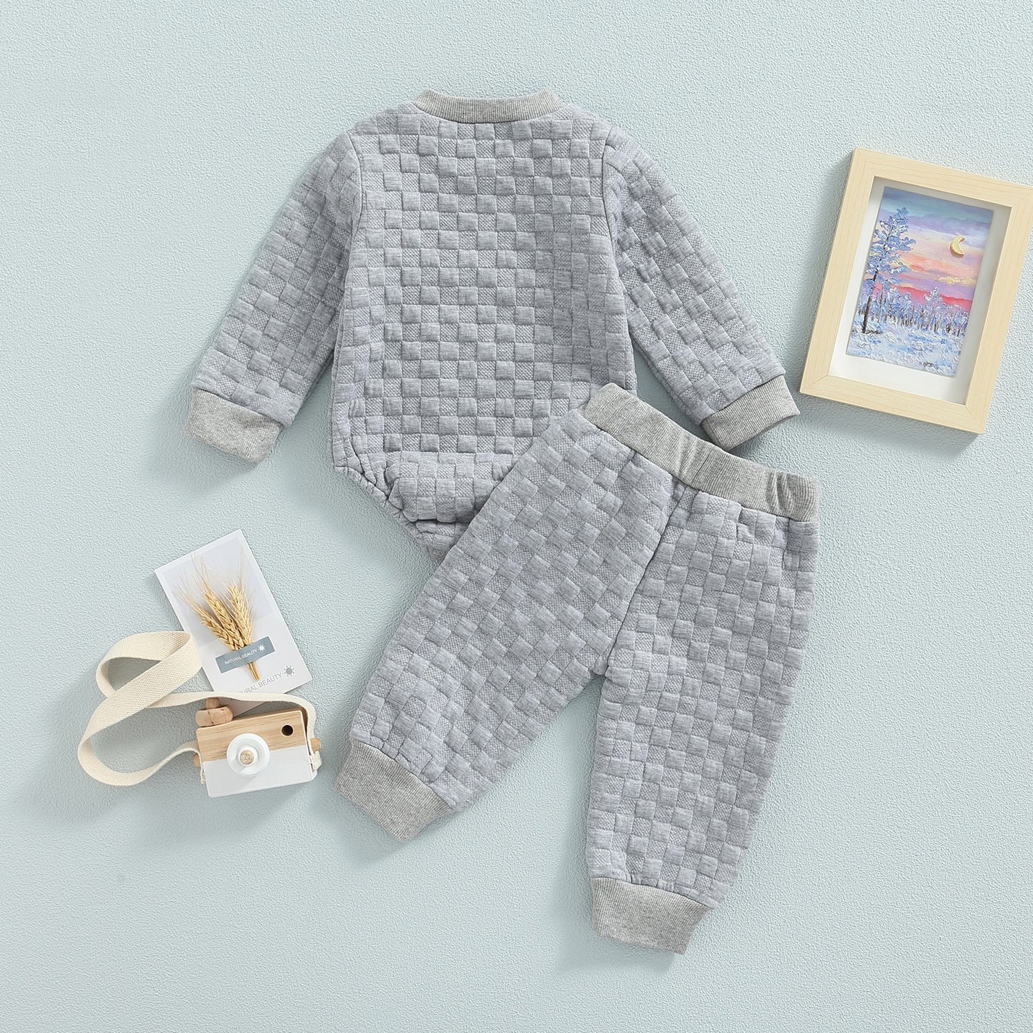 Infant Baby Unisex Casual Suit, Solid Color Long Sleeve Romper Tops+Drawstring Long Pants 2Pcs Set