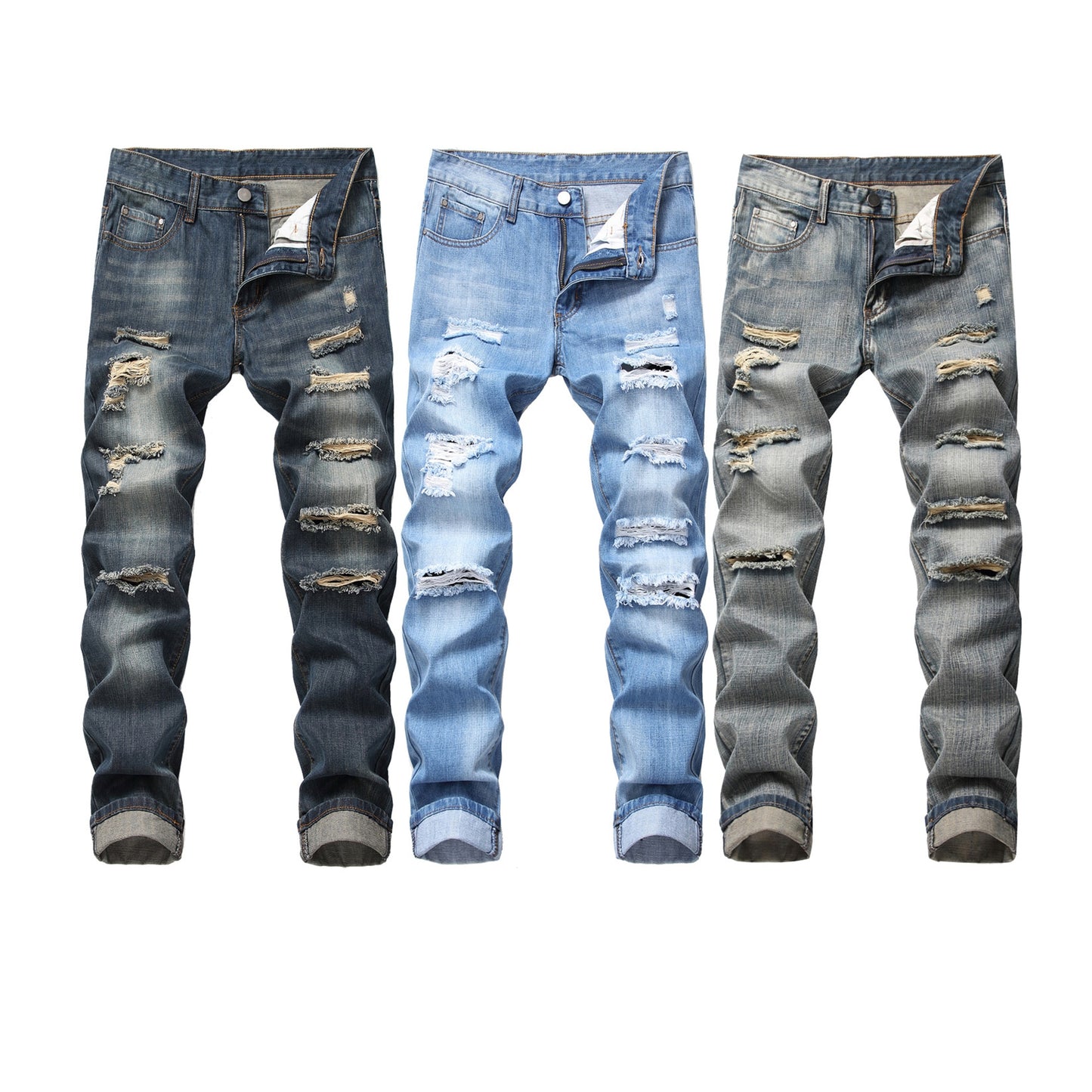 Ripped Straight Fit Stretch less Jeans Fashionable Blue Casual  High Quality Denim Pants