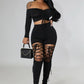 Off the Shoulder 2 Piece Set Women Sexy Long Sleeve Laced Up Crop Top Cut Out Lace Up Pants