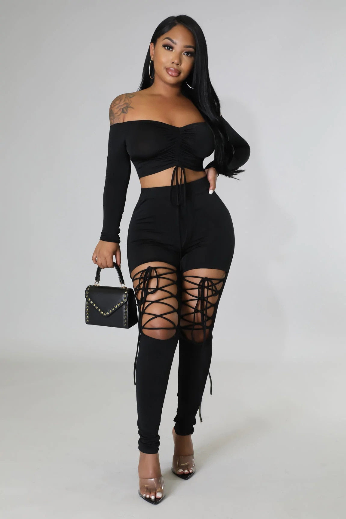 Off the Shoulder 2 Piece Set Women Sexy Long Sleeve Laced Up Crop Top Cut Out Lace Up Pants