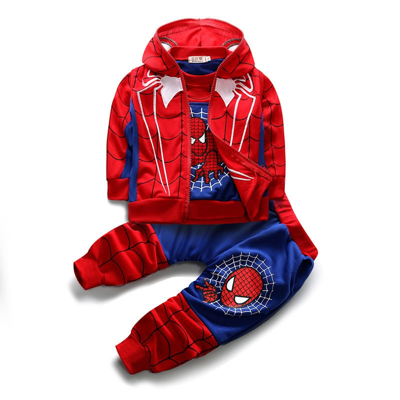 Printed Spider Man Embroidery Hooded Coat and pants 3pcs Kids Set Outfits