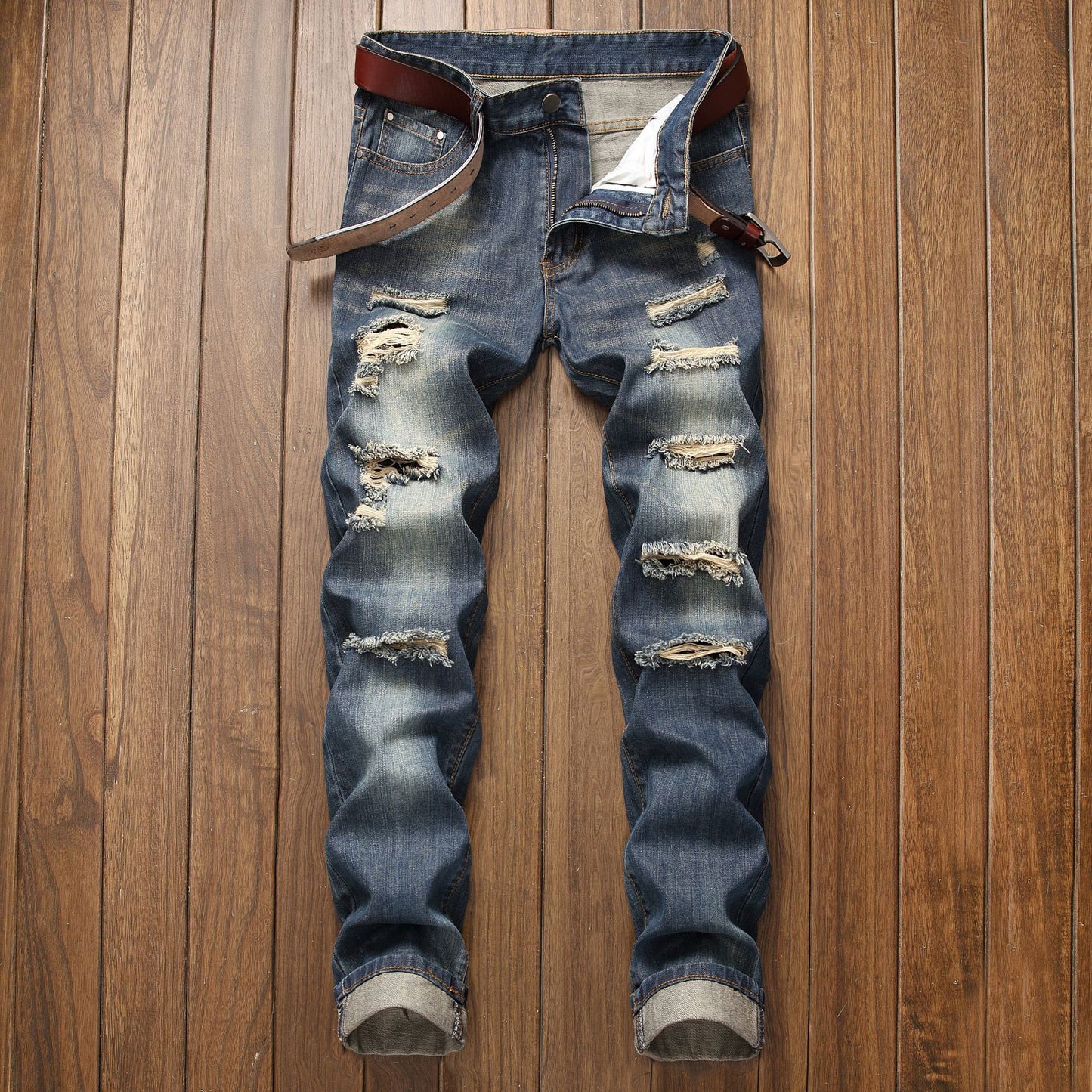 Ripped Straight Fit Stretch less Jeans Fashionable Blue Casual  High Quality Denim Pants