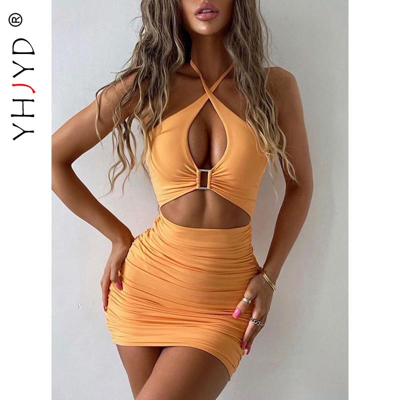 Solid Backless Cut Out Women's Cross Halter Short Mini Dresses