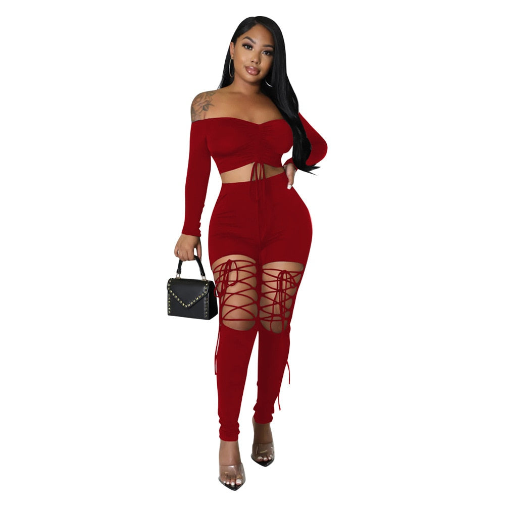 Off the Shoulder 2 Piece Set Women Sexy Long Sleeve Laced Up Crop Top Cut Out Lace Up Pants