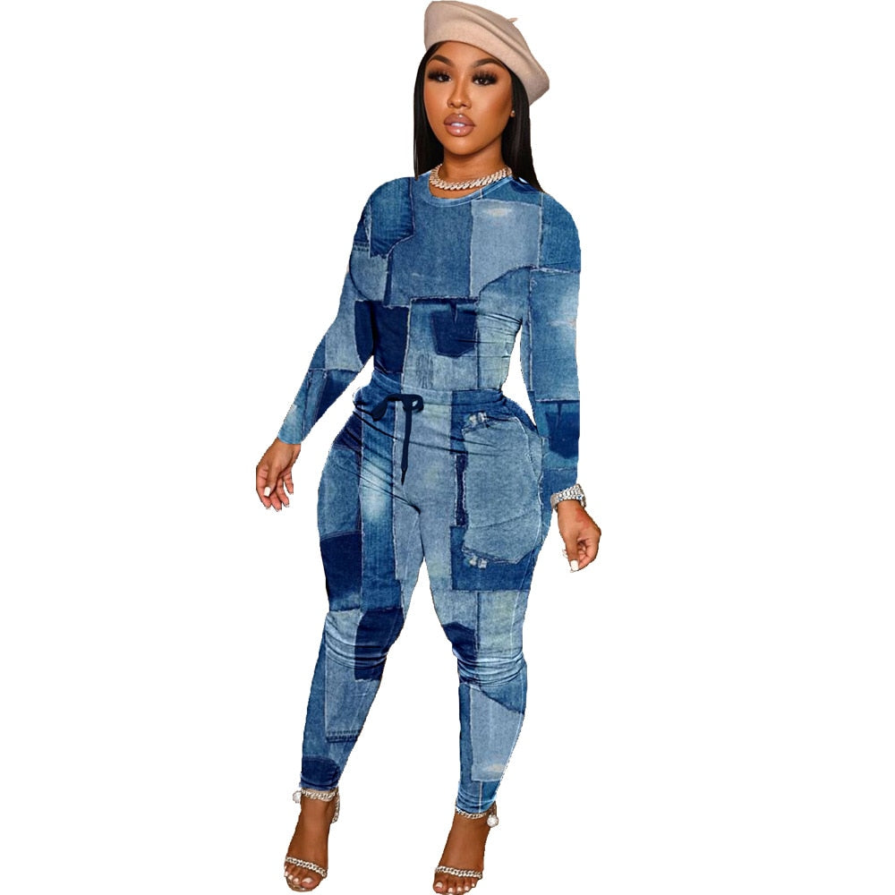 Autumn Faux Denim Two Piece Set Outfits