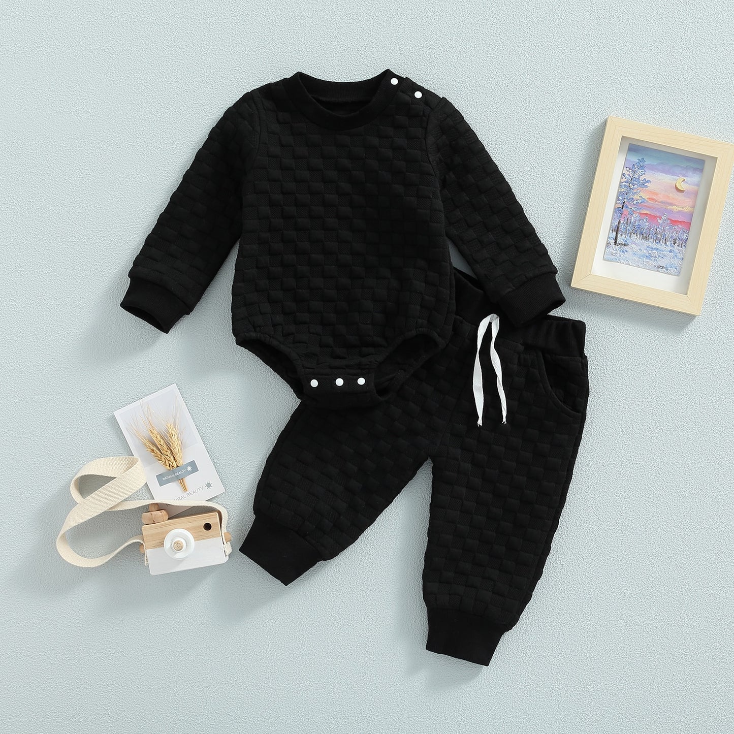 Infant Baby Unisex Casual Suit, Solid Color Long Sleeve Romper Tops+Drawstring Long Pants 2Pcs Set