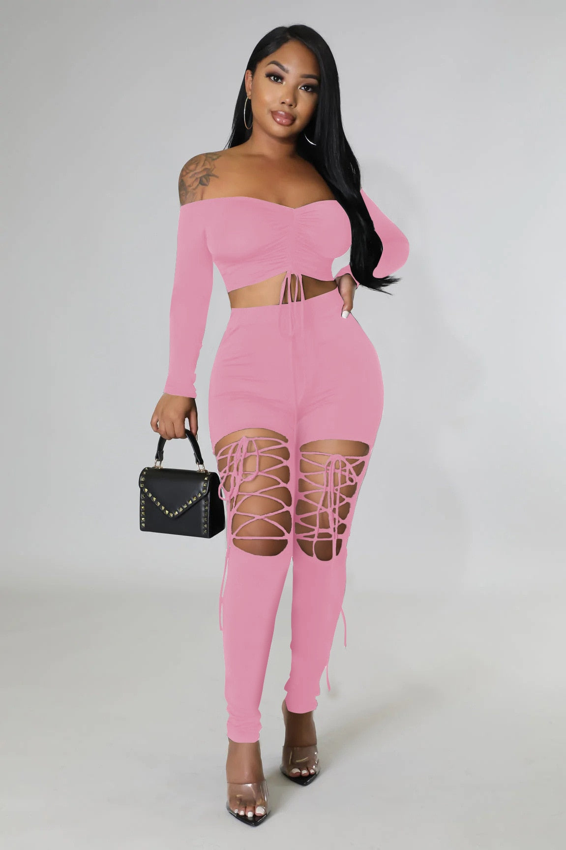 Off the Shoulder 2 Piece Set Women Sexy Long Sleeve Laced Up Crop Top Cut Out Lace Up Pants