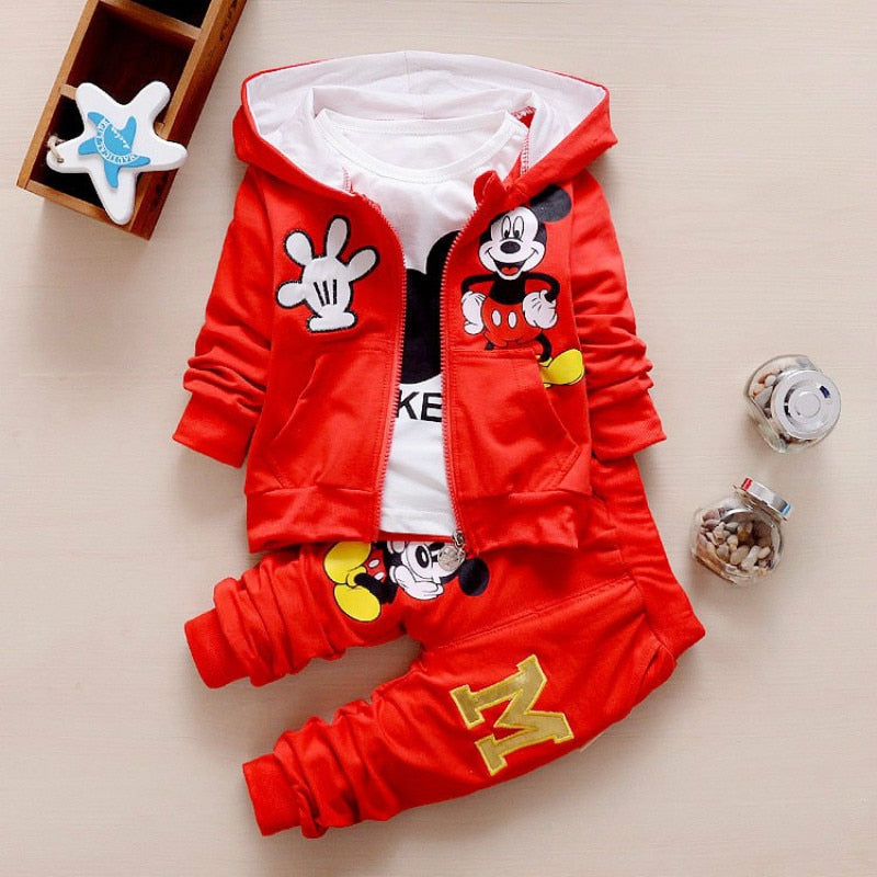 Cute Mickey Cotton Hooded Coat + T-shirt + Pants 3PCS Set Casual Kids