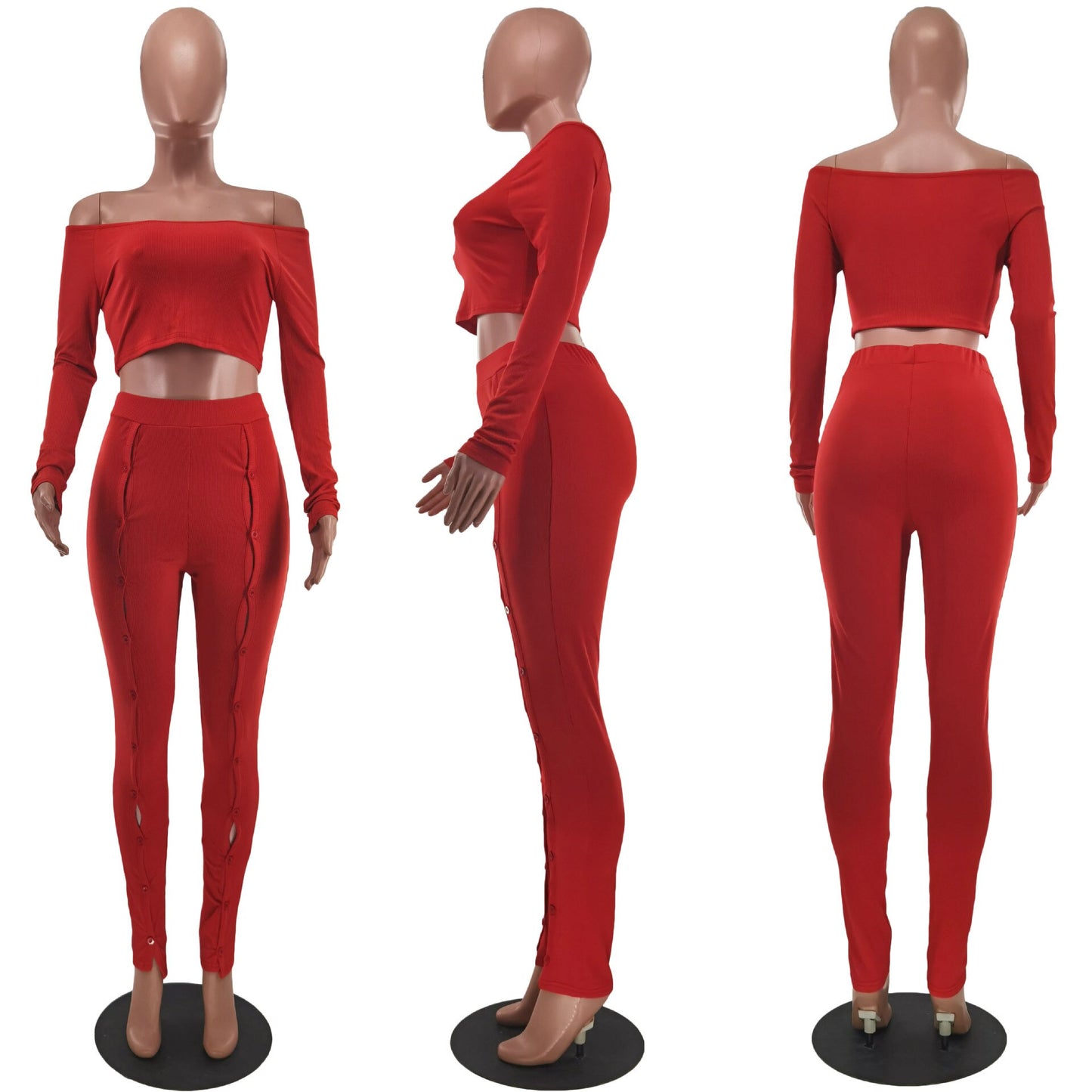 Sexy Hollow Out Button Tracksuit Women Casual Off the Shoulder Long Sleeve Crop Top + Pants Skinny Club 2 Piece Set Outfits Fall