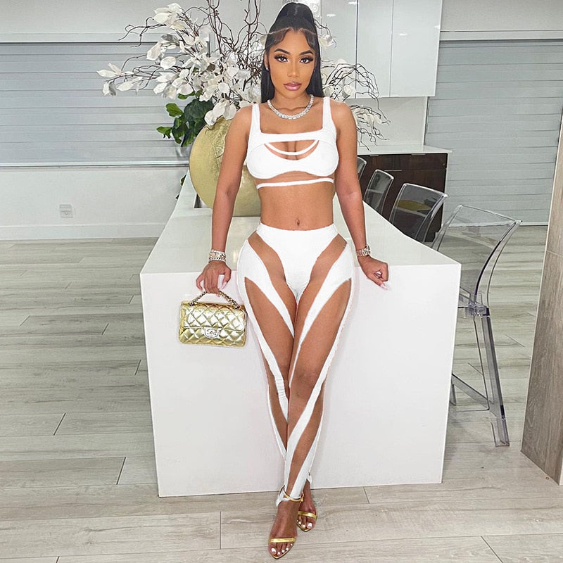 Summer Sheer Mesh Patchwork 2 Piece Set Women Sexy Cut Out Tank Crop Top + Pants Suits Club