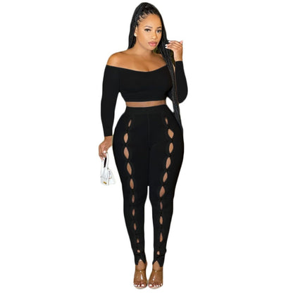 Sexy Hollow Out Button Tracksuit Women Casual Off the Shoulder Long Sleeve Crop Top + Pants Skinny Club 2 Piece Set Outfits Fall